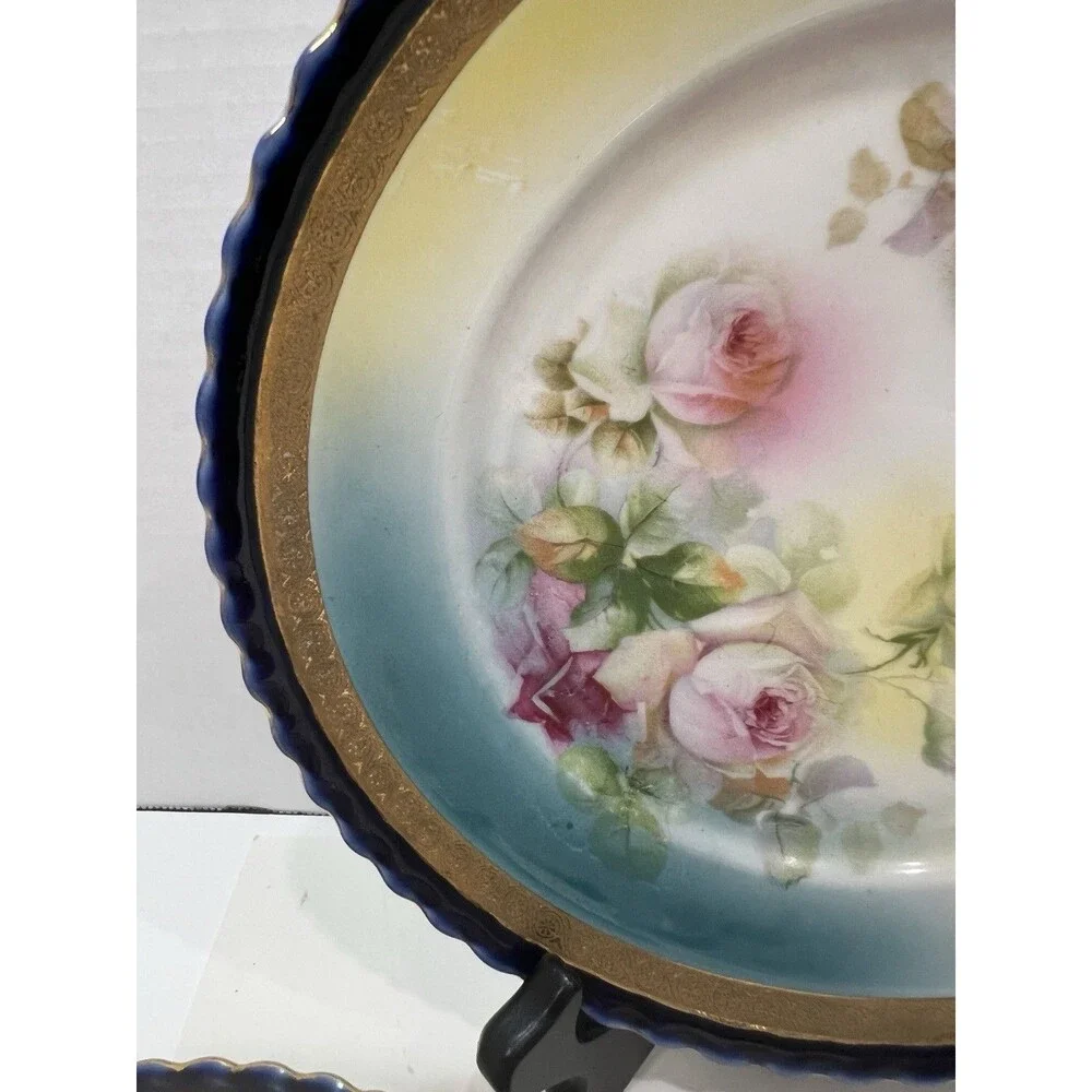 Vintage Hand Painted Porcelain Blue Bright Plate Roses Gold Gilt Scalloped Edge